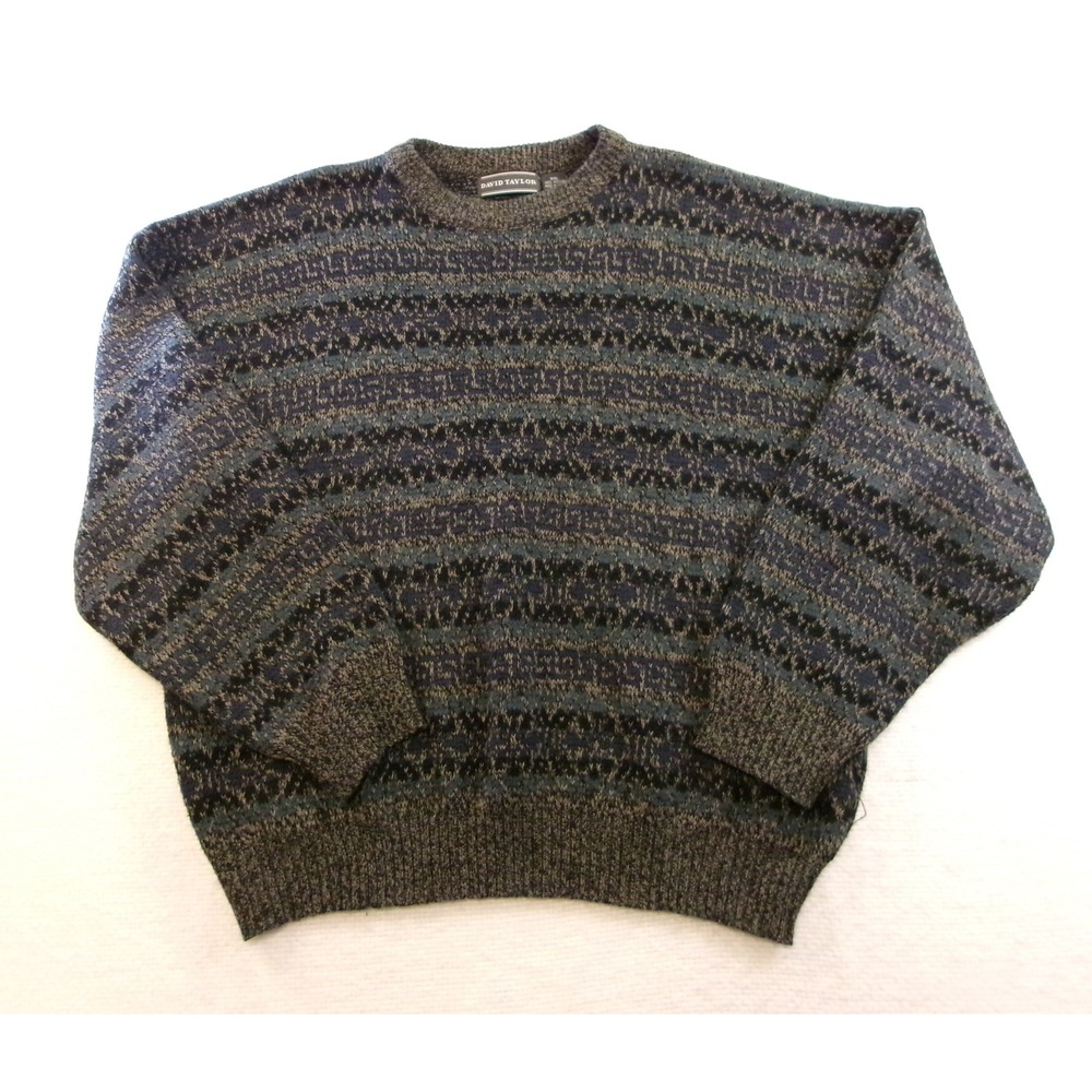David Taylor Sweater Mens 3XL Blue Green Excellent Vintage Knit Geometric Stripe